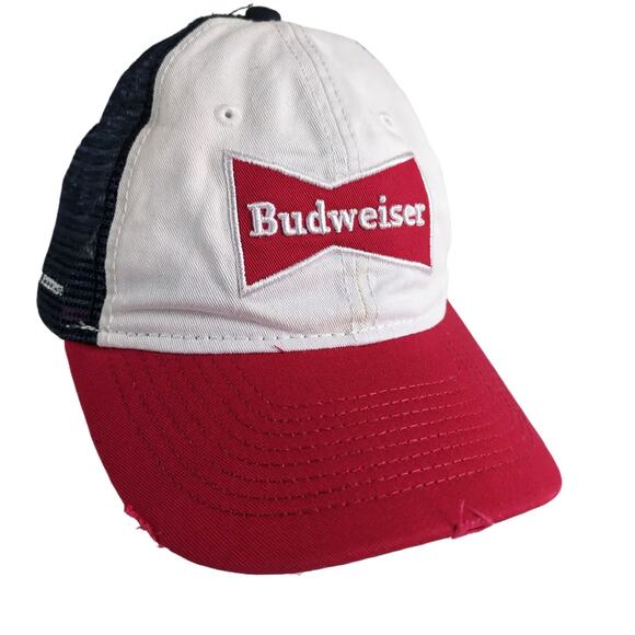 Anheuser-Busch BUDWEISER Beer Trucker Baseball Hat Ball Cap Red White Blue Mesh - Picture 1 of 7
